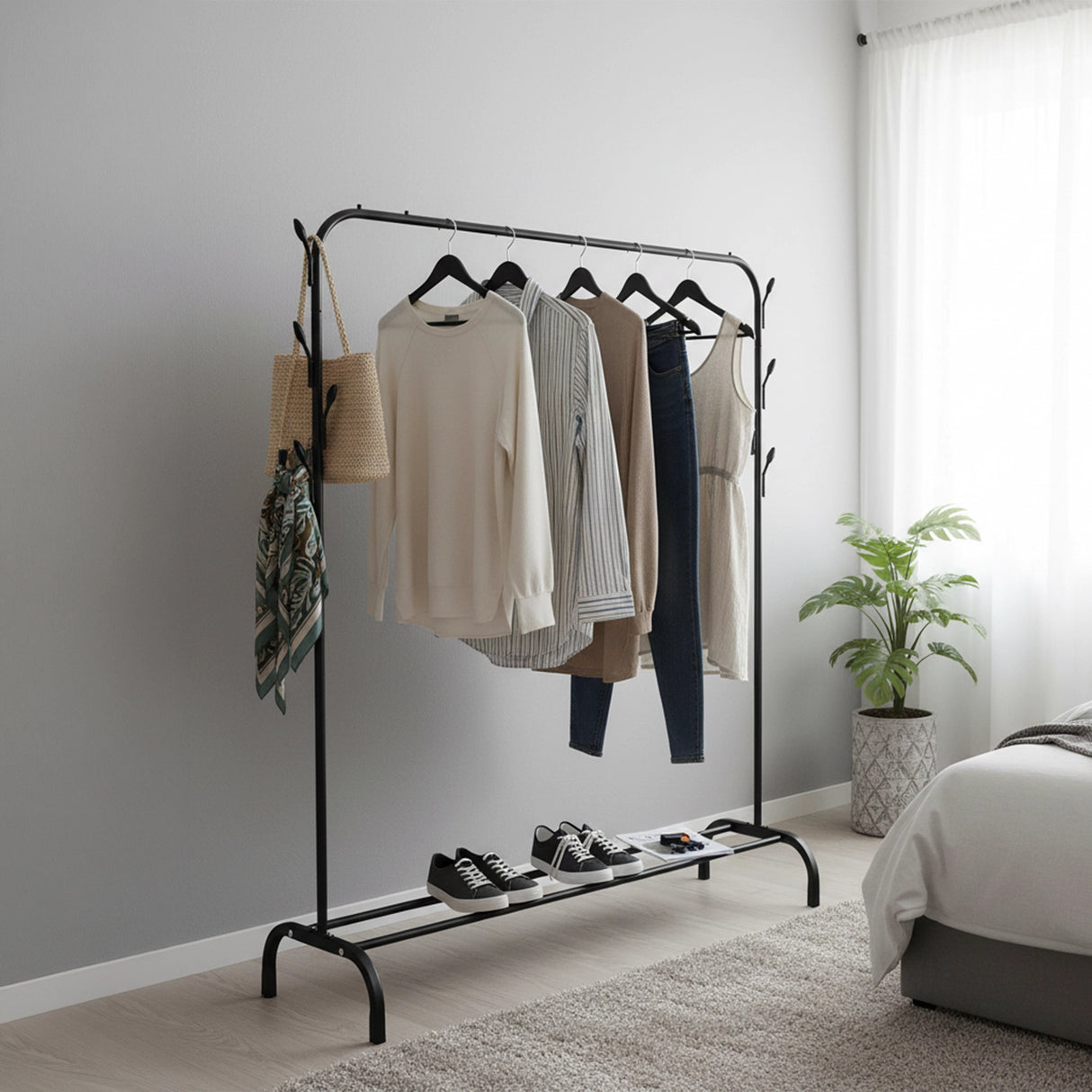 Closet Organizer Metal Garment Rack Portable Clothes Hanger Storage Shoes Rack Black