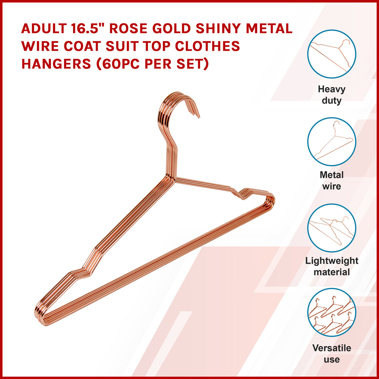 Adult 16.5" Rose Gold Shiny Metal Wire Coat Suit Top Clothes Hangers (60pc per set)