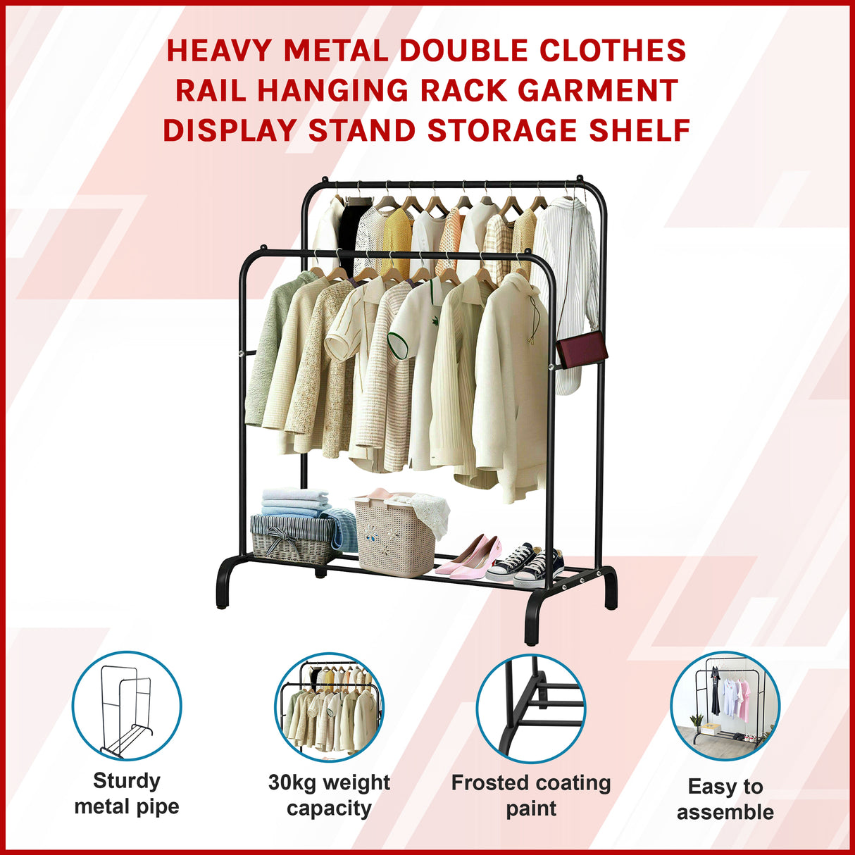 Heavy Metal Double Clothes Rail Hanging Rack Garment Display Stand Storage Shelf