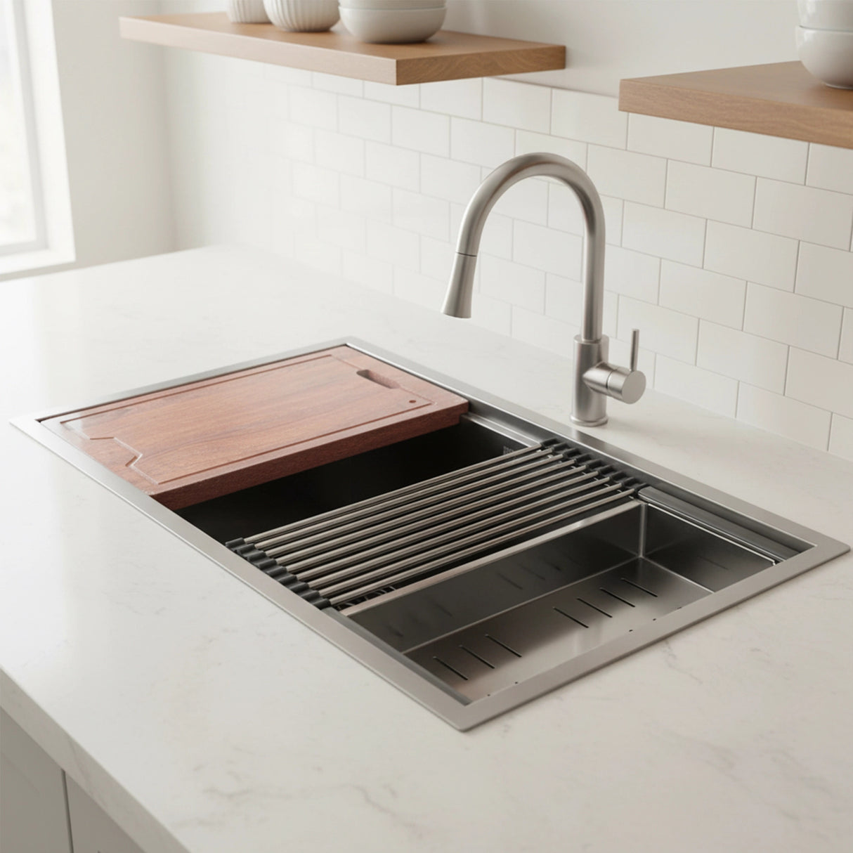 BRIENZ 32-inch Nano Workstation Ledge Undermount 16 Gauge Stainless Steel Kitchen Sink Single Bowl