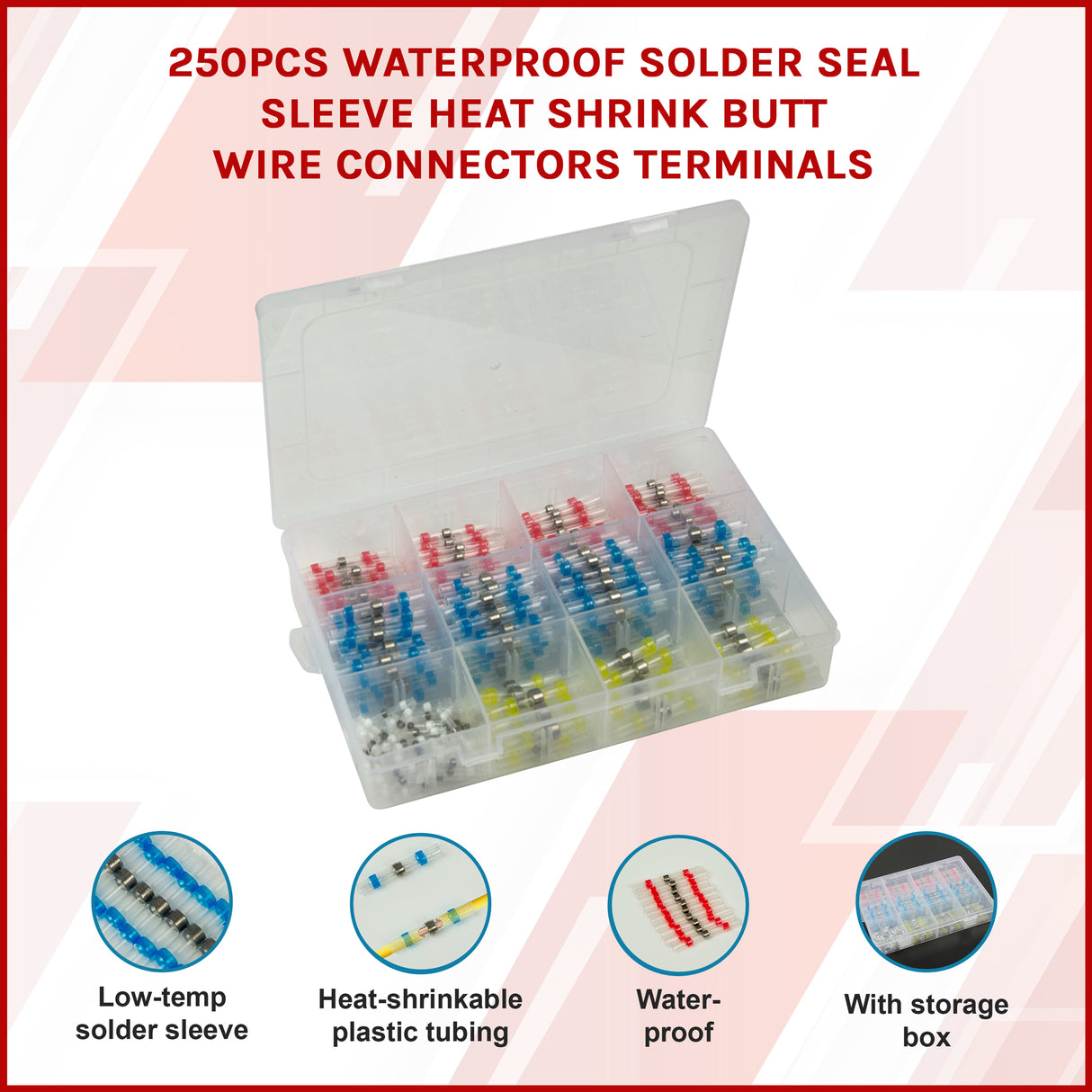 250PCS Waterproof Solder Seal Sleeve Heat Shrink Butt Wire Connectors Terminals