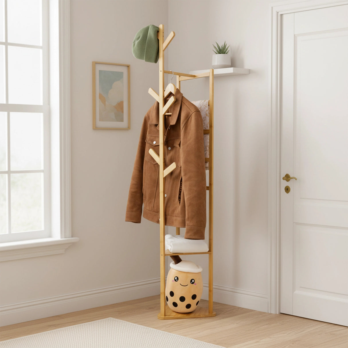 Clothes Coat Rack Garment Stand Shelf Wooden Tree Hanger Bag Hat Hook Holder