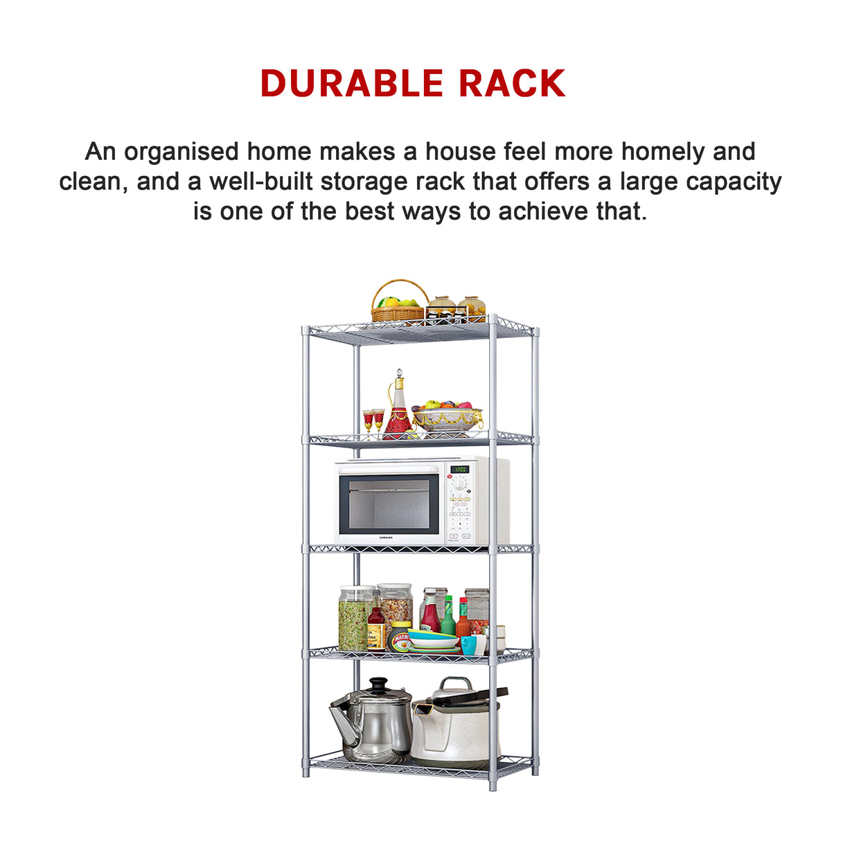 5 Tier Silver Metal Storage Rack Shelving Wire Shelf