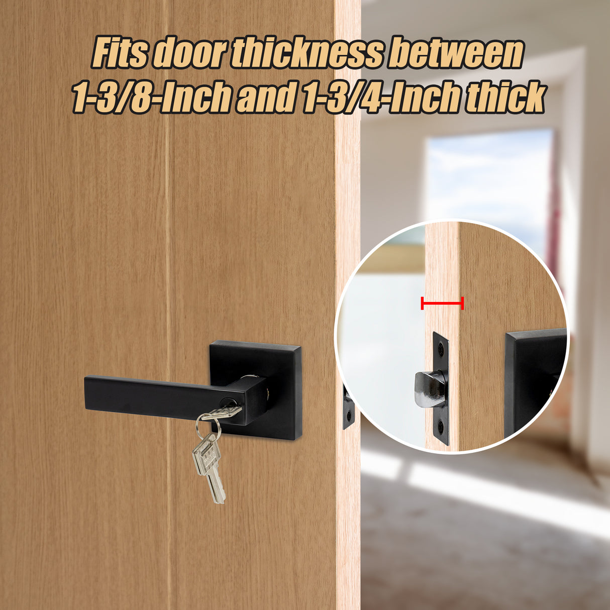 Door Handle Set Lever Key Lock Function Square Black