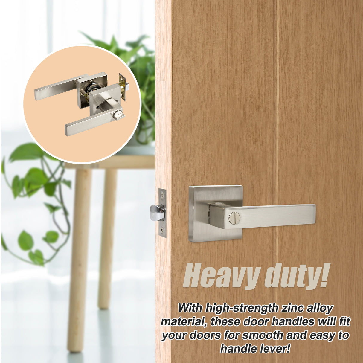 Door Handle Set Lever Privacy Function Square Satin Nickel
