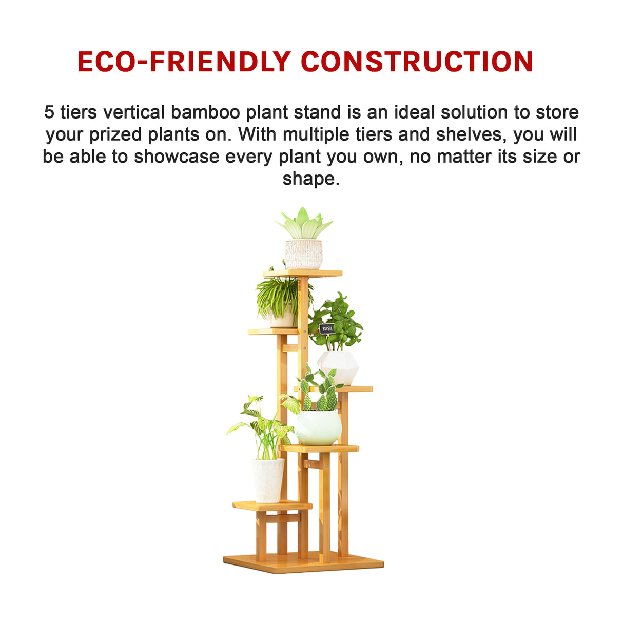 5 Tiers Vertical Bamboo Plant Stand Staged Flower Shelf Rack Outdoor Garden