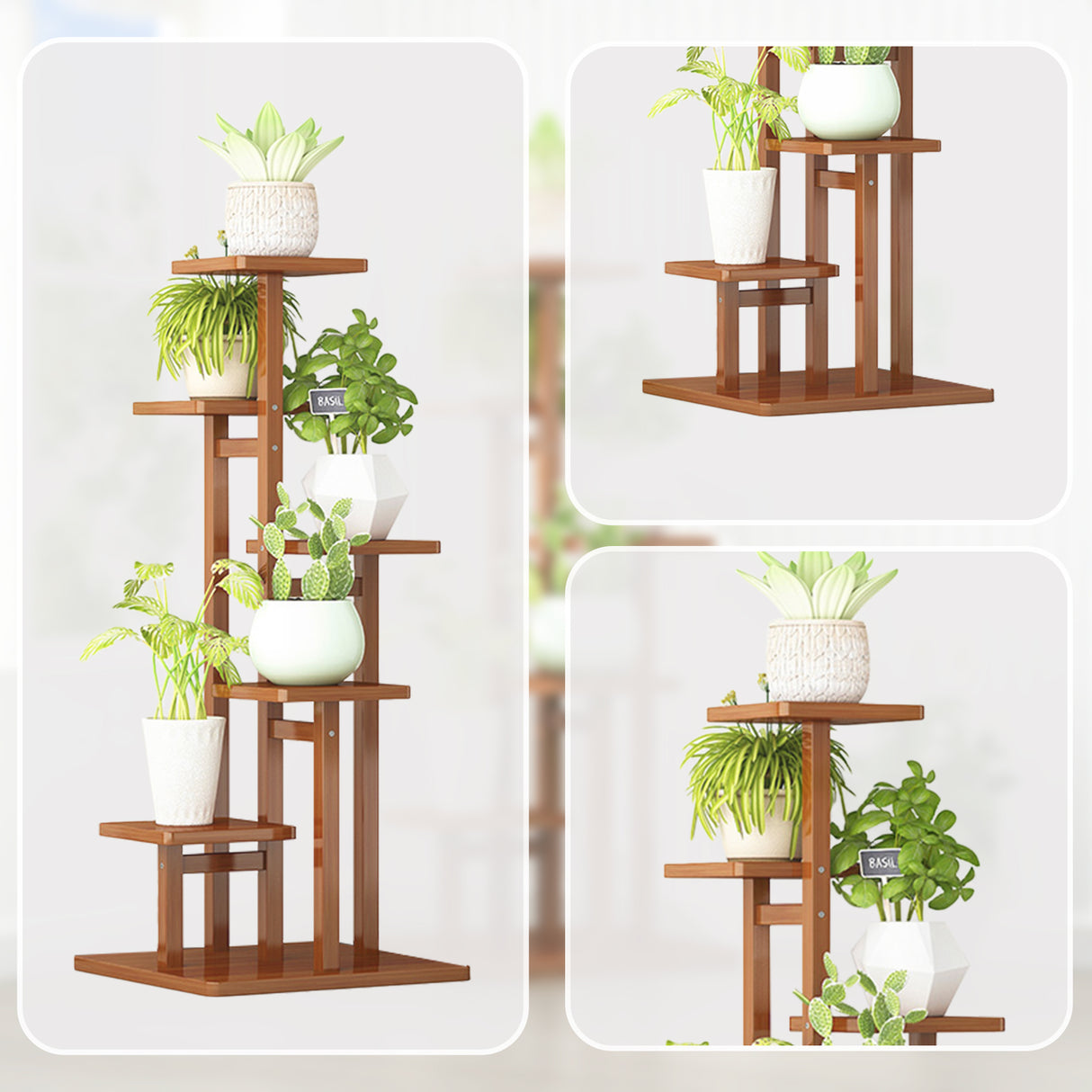 5 Tiers Vertical Bamboo Plant Stand Staged Flower Shelf Rack Outdoor Garden