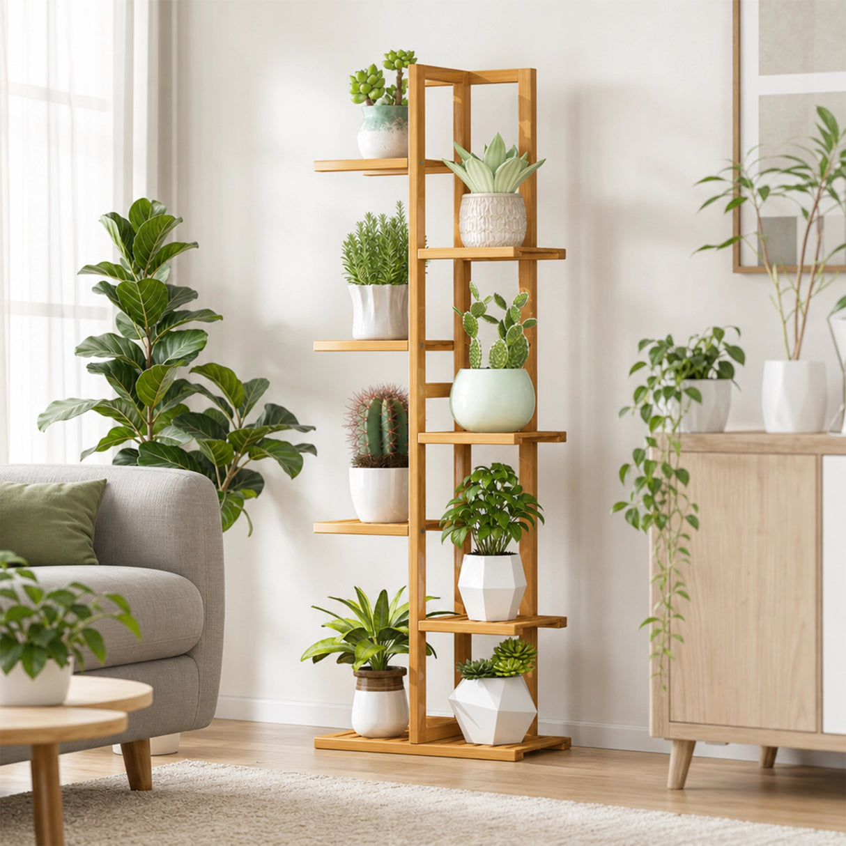 6 Tiers Vertical Bamboo Plant Stand Staged Flower Shelf Rack Outdoor Garden