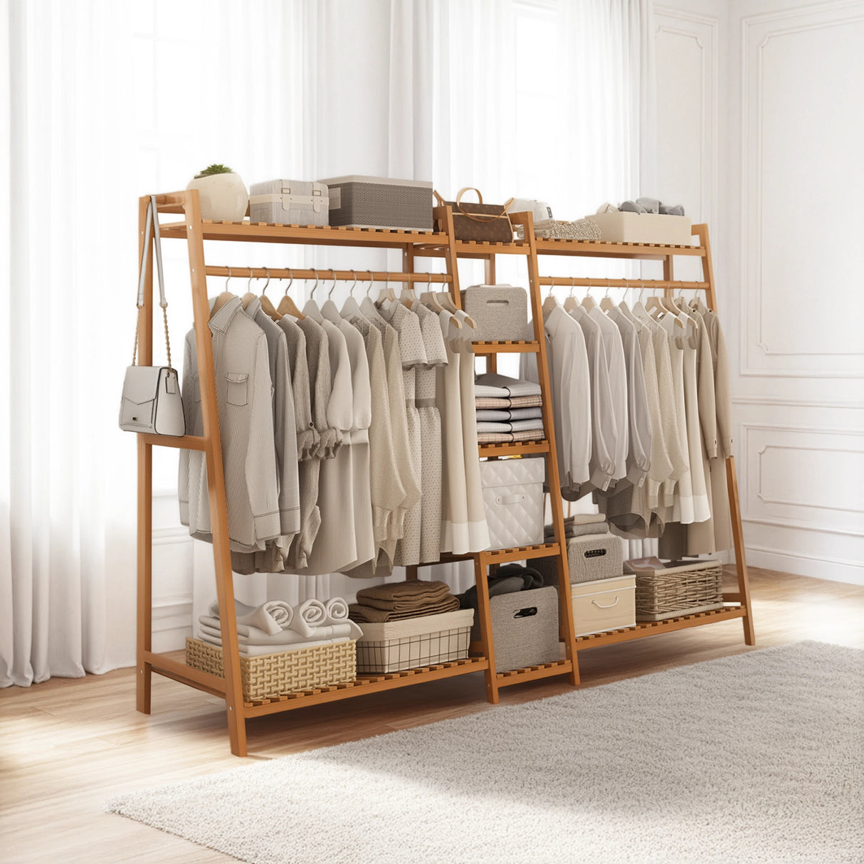 Portable Clothes Rack Coat Garment Stand Bamboo Rail Hanger Airer Closet
