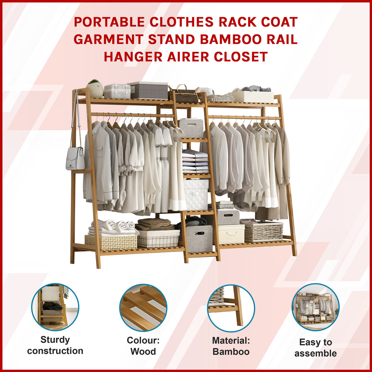 Portable Clothes Rack Coat Garment Stand Bamboo Rail Hanger Airer Closet