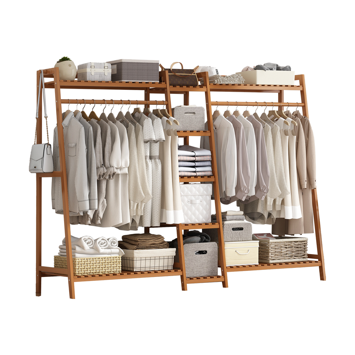 Portable Clothes Rack Coat Garment Stand Bamboo Rail Hanger Airer Closet