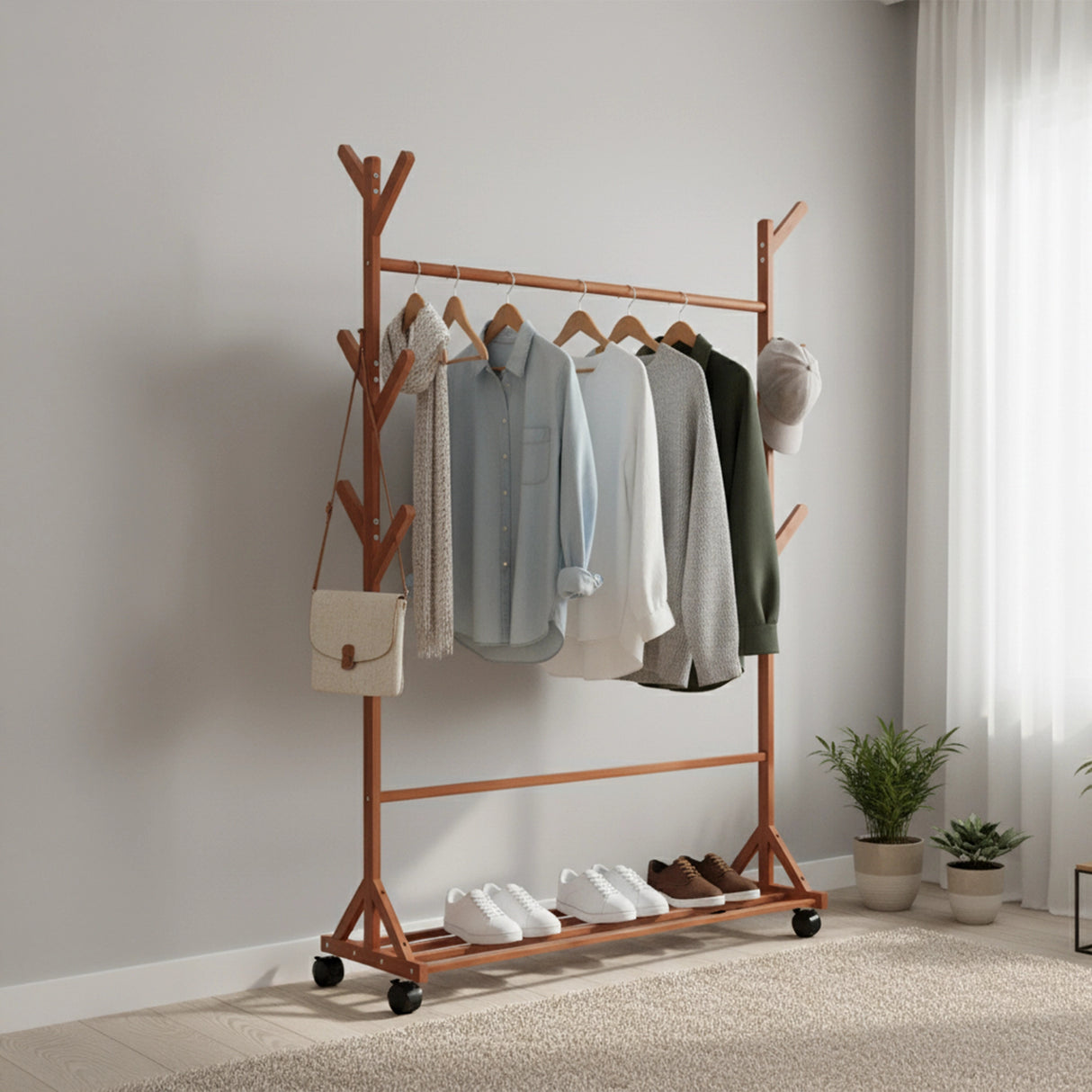 Portable Clothes Rack Coat Garment Stand Bamboo Rail Hanger Airer Closet