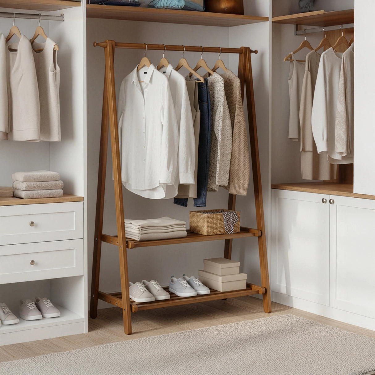 Portable Clothes Rack Coat Garment Stand Bamboo Rail Hanger Airer Closet