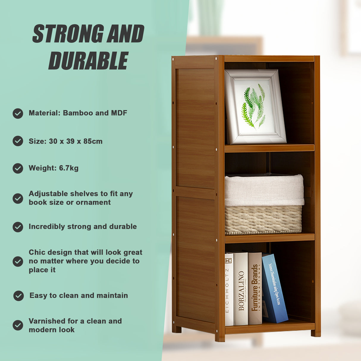 Bamboo Adjustable 3-Shelf Bookcase – Display Storage Rack Stand for Living Room, Bedroom, Office or Home Décor