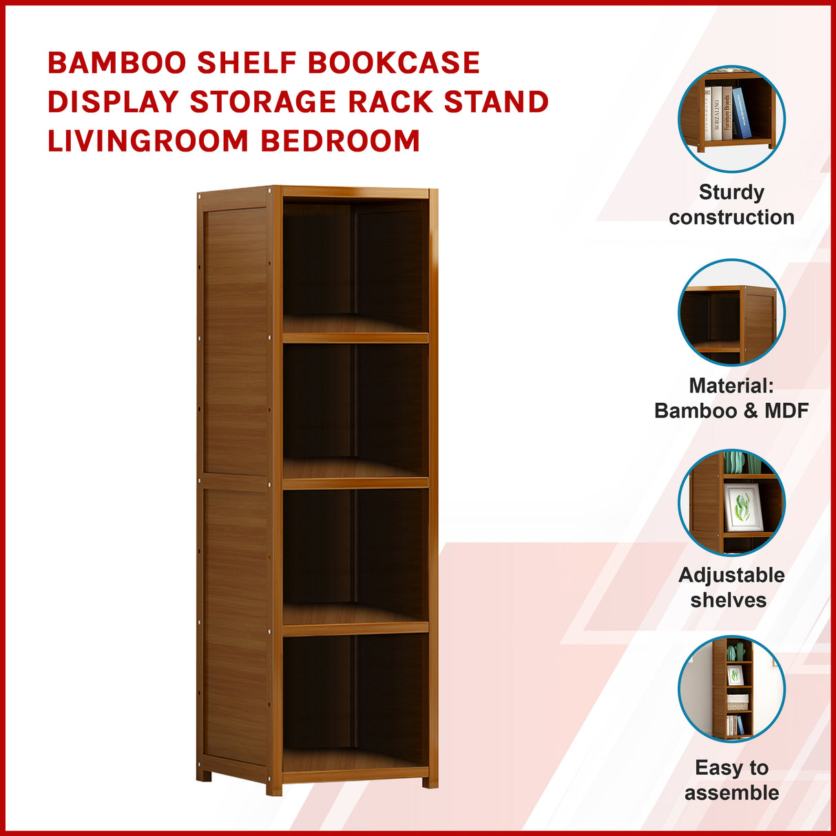Bamboo 4-Shelf Bookcase – Adjustable Display Storage Rack Stand for Living Room, Bedroom, Office or Home Organisation