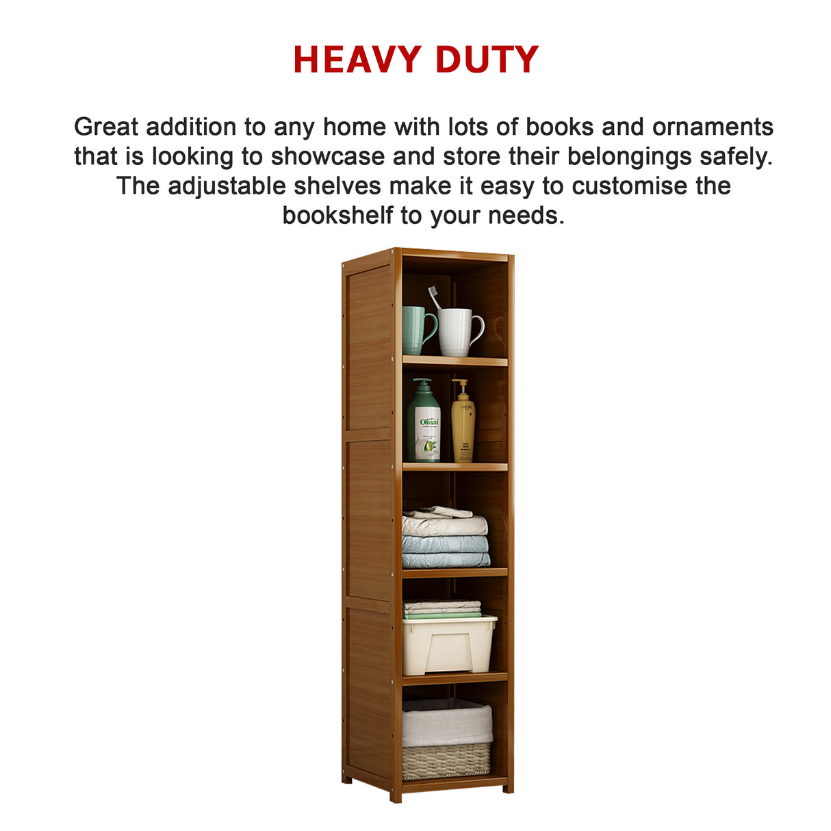 Bamboo 5-Shelf Bookcase – Tall Display Storage Rack Stand for Living Room, Bedroom, Office or Home Organisation