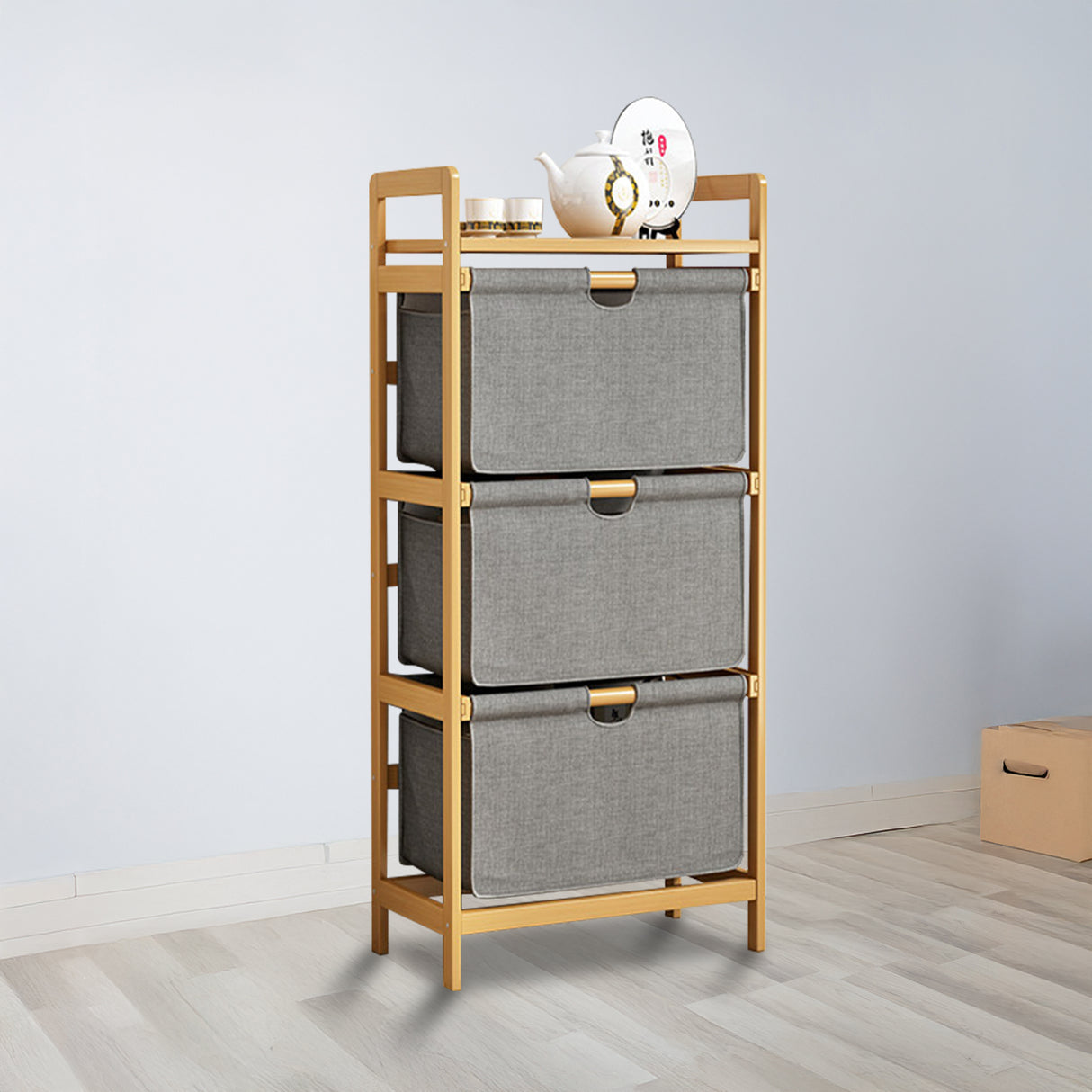 Bamboo Shelf with Storage Hamper – Wooden Organiser with 3 Laundry Bags
