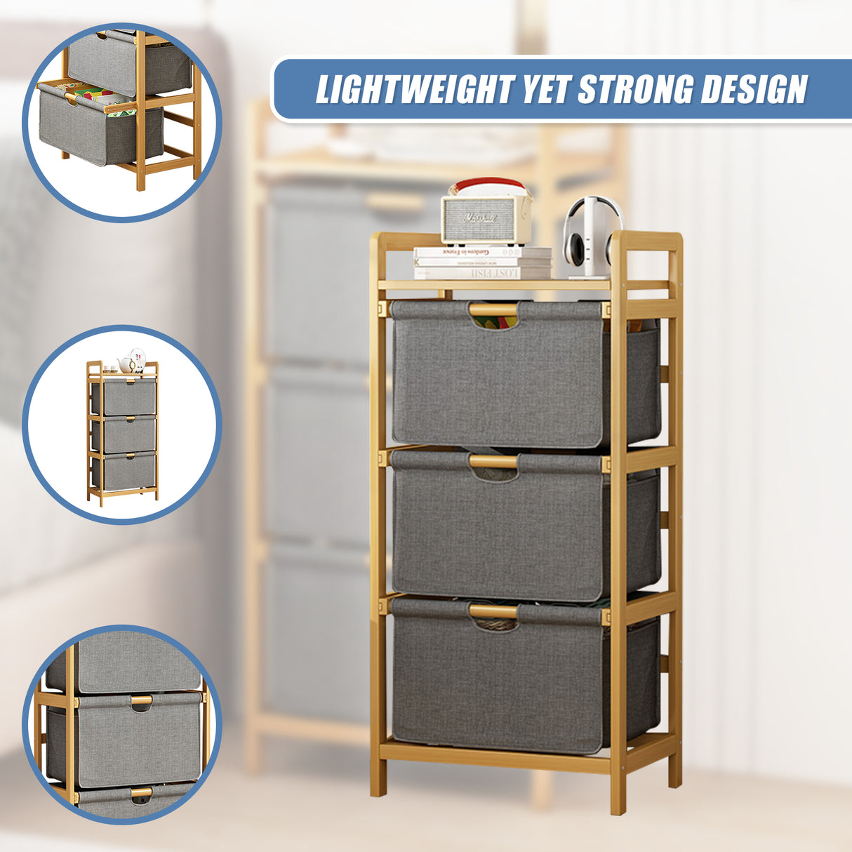 Bamboo Shelf with Storage Hamper – Wooden Organiser with 3 Laundry Bags