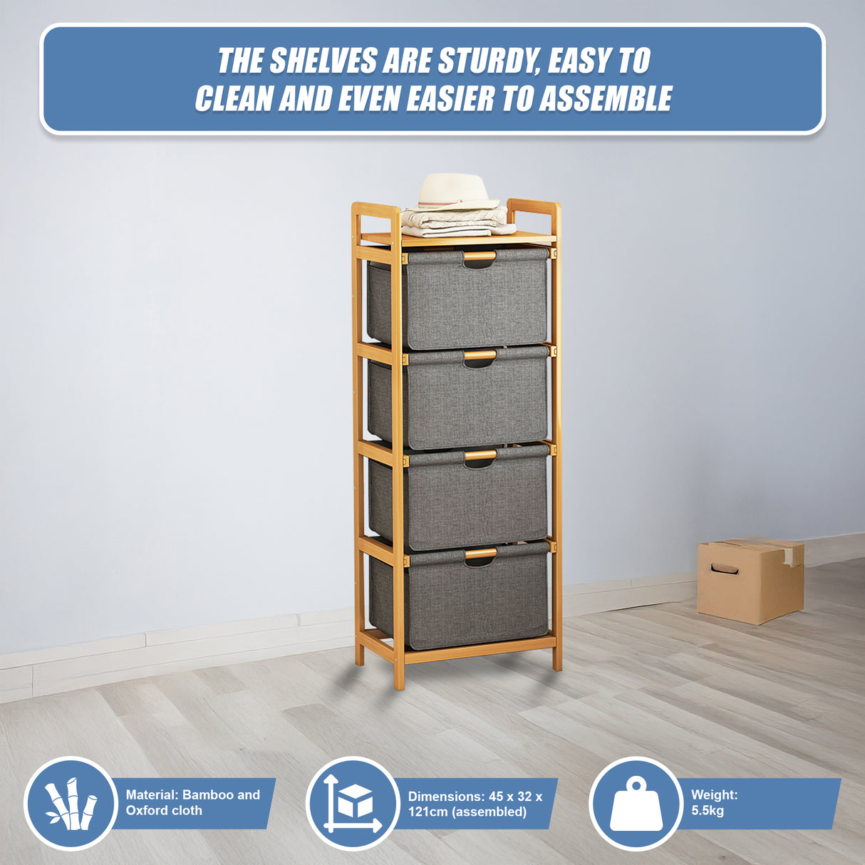 Bamboo Shelf with Storage Hamper – Wooden Organiser with 4 Laundry Bags