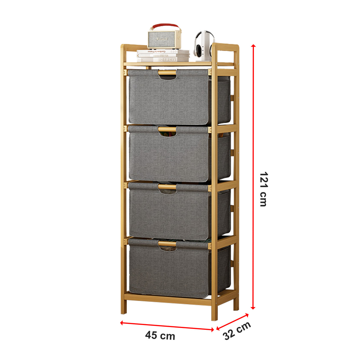 Bamboo Shelf with Storage Hamper – Wooden Organiser with 4 Laundry Bags