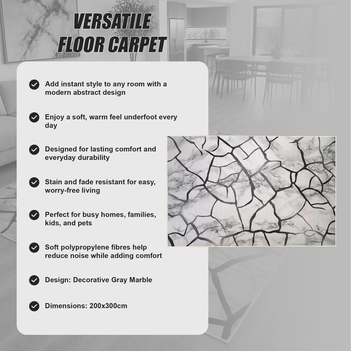 200x300cm Large Floor Gray Marble Rug – Modern Area Carpet for Bedroom & Lounge