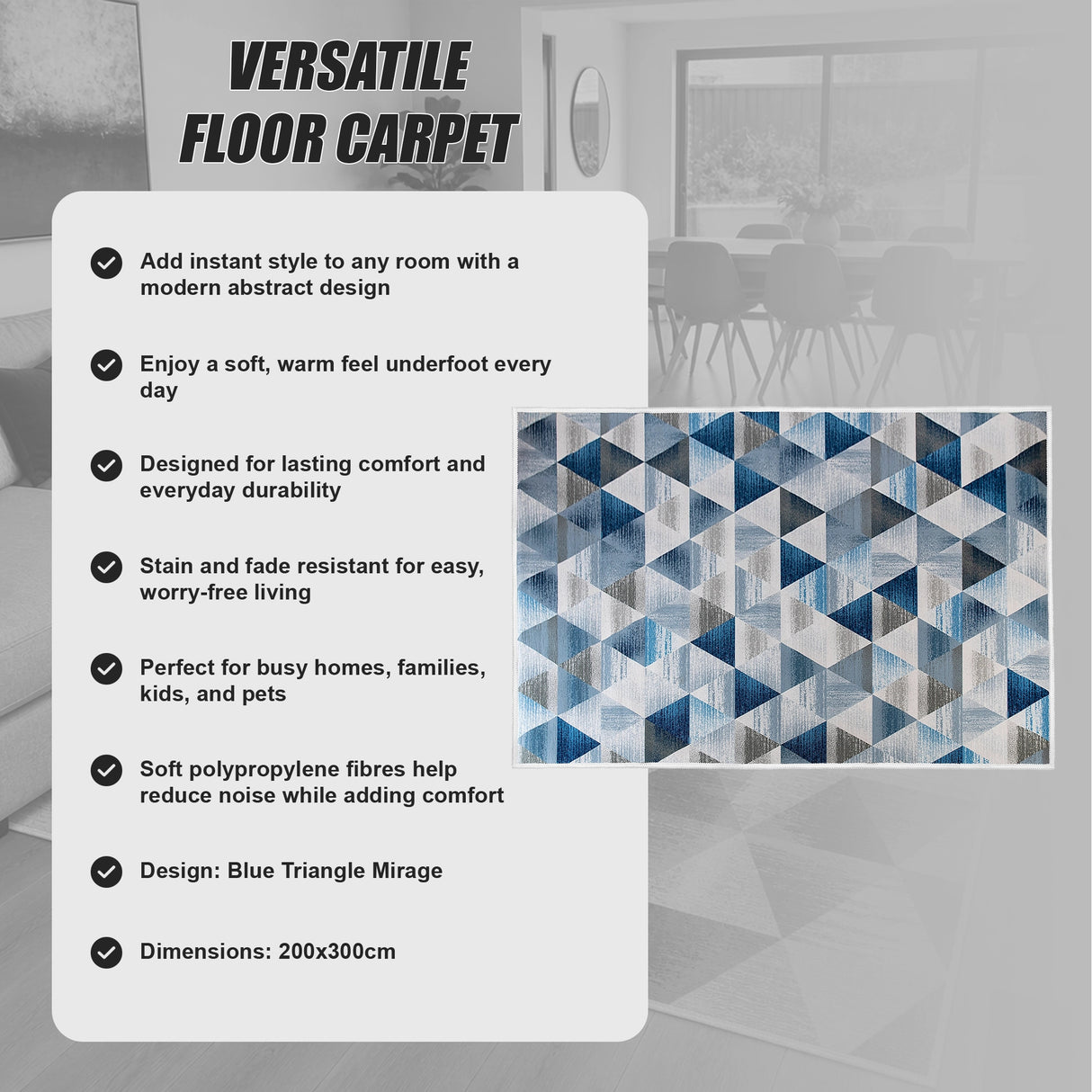 200x300cm Large Floor Blue Triangle Rug – Modern Area Carpet for Bedroom & Lounge