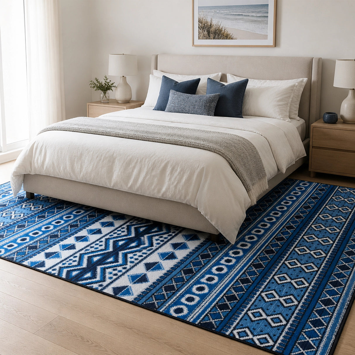 200x300cm Large Floor Blue Ethnic Rug – Modern Area Carpet for Bedroom & Lounge