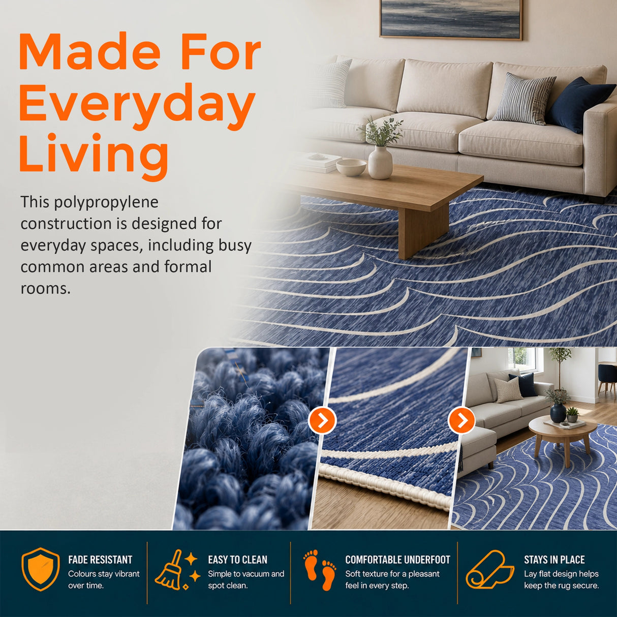 200x300cm Large Floor Blue Waves Rug – Modern Area Carpet for Bedroom & Lounge