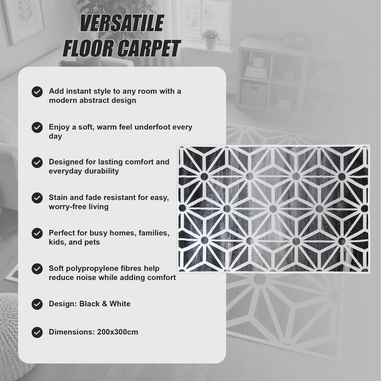 200x300cm Large Floor Black & White Geometric Rug – Modern Area Carpet for Bedroom & Lounge