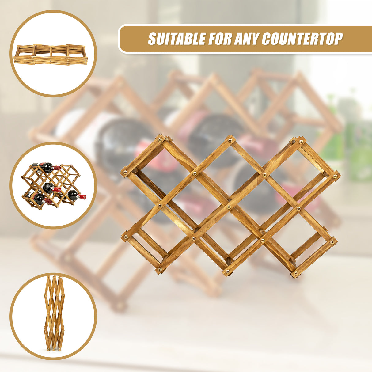 Wooden Wine Rack Freestanding 10 Bottles Countertop Storage
