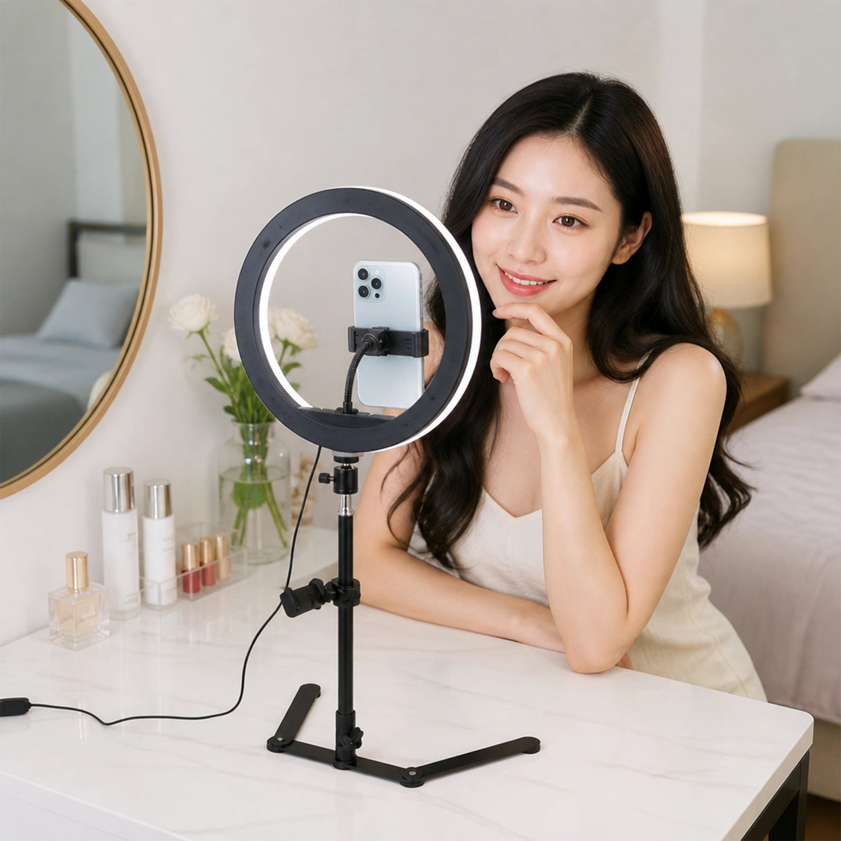 12 Inch LED Video Ring Light with Tabletop Light Stand and Phone Holder Black
