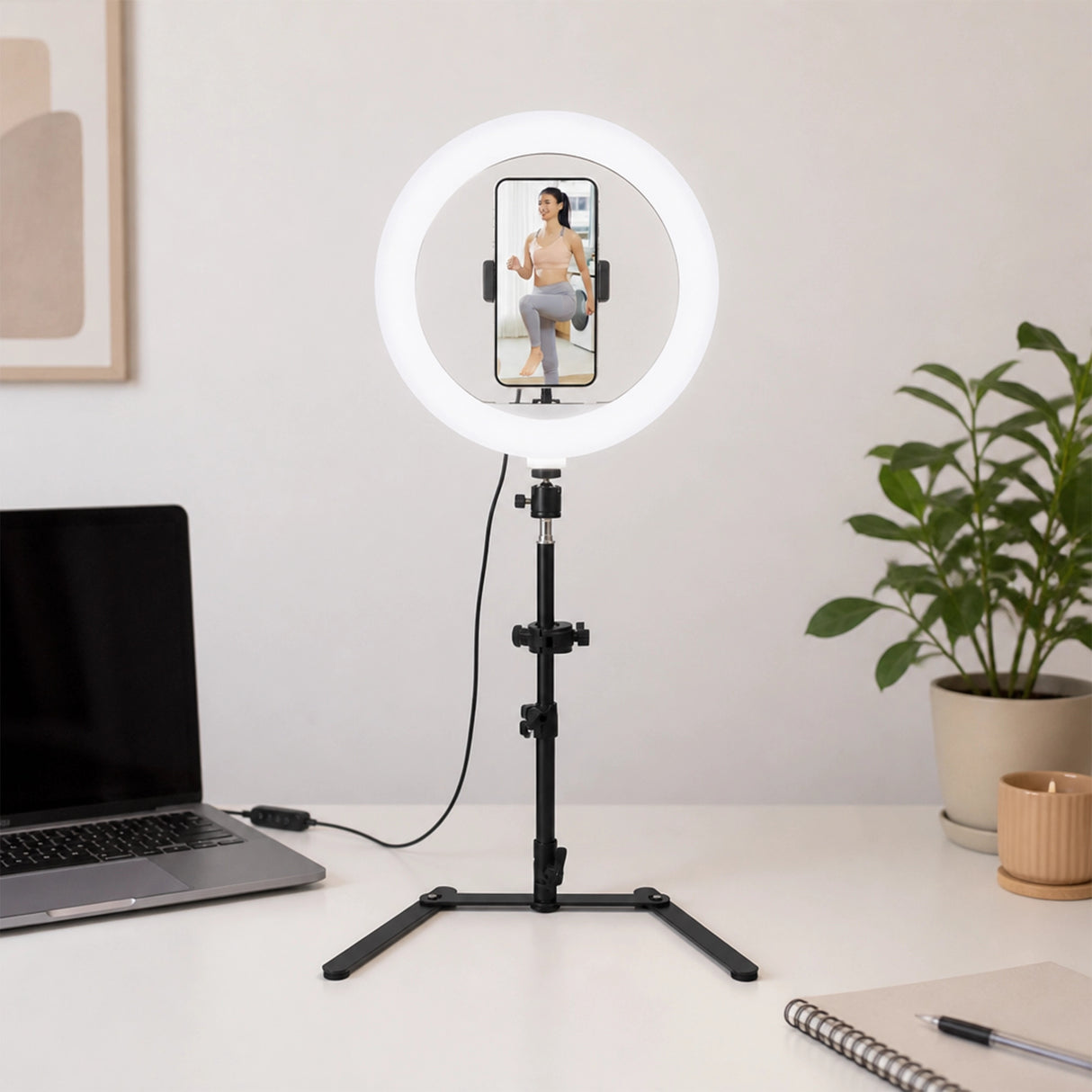 12 Inch LED Video Ring Light with Tabletop Light Stand and Phone Holder Black