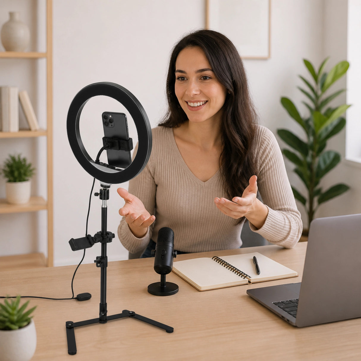 12 Inch LED Video Ring Light with Tabletop Light Stand and Phone Holder Black