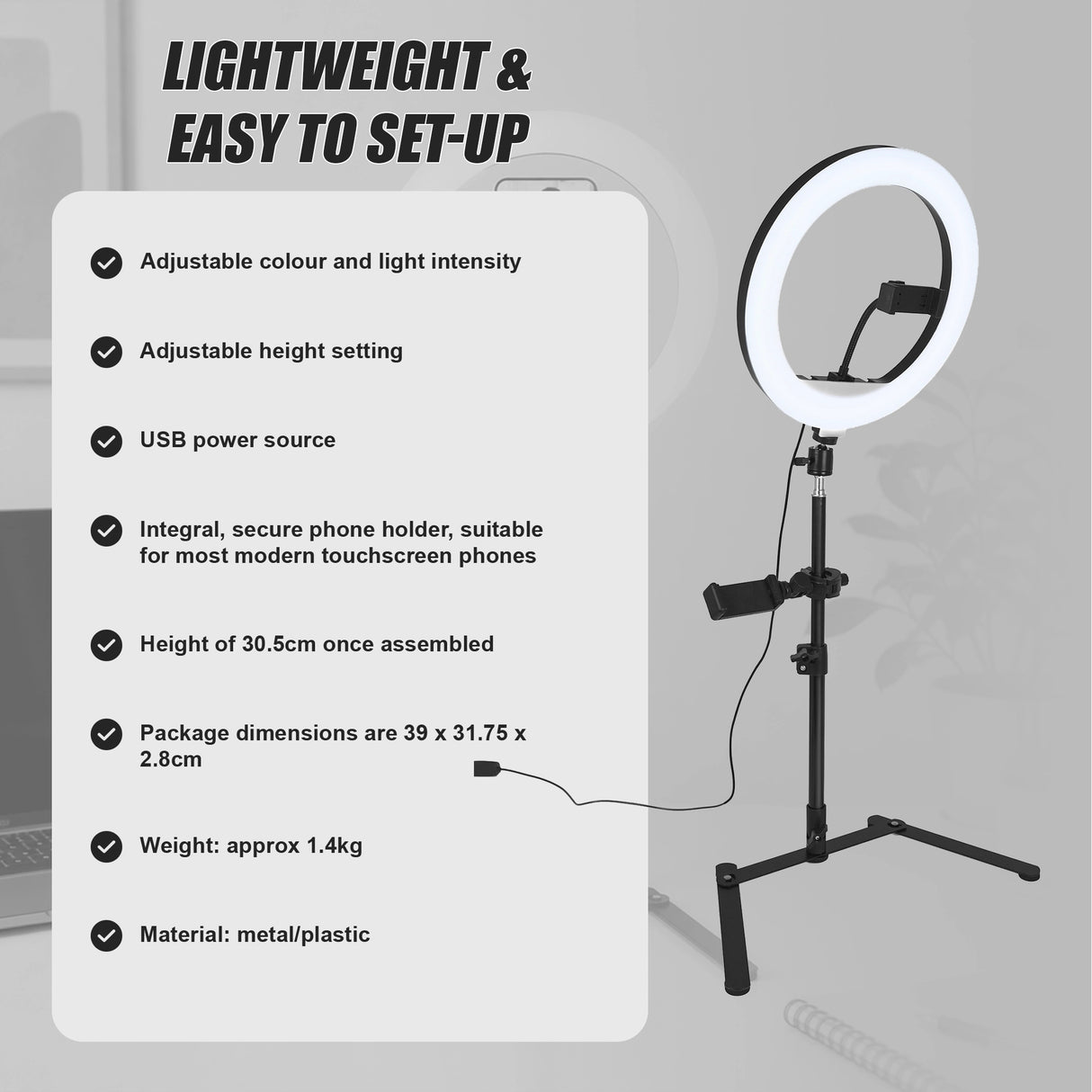 12 Inch LED Video Ring Light with Tabletop Light Stand and Phone Holder Black