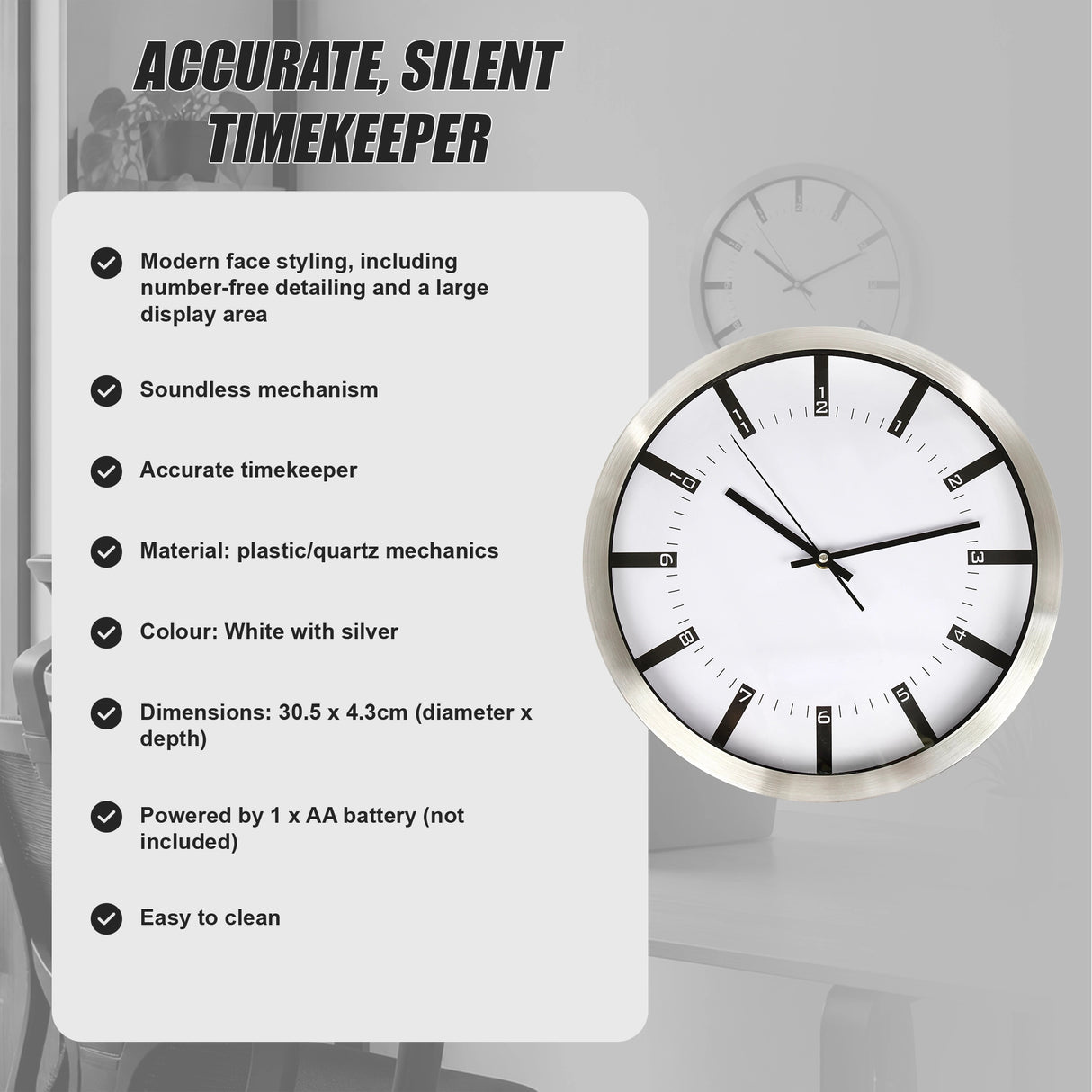 Modern Wall Clock Silent Non-Ticking Quartz Battery Operated Stainless Steel