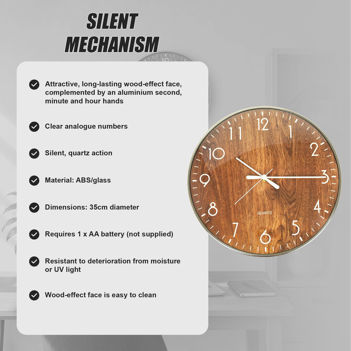 14-inch Round Wall Clock Silent Non-Ticking Quartz Battery Operated Wood Grain