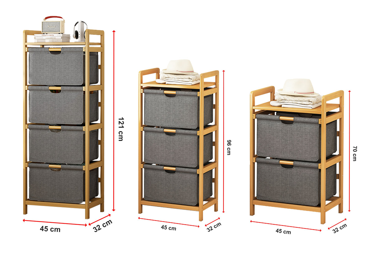 Bamboo Shelf with Storage Hamper – Wooden Organiser with Three-Set Rack Laundry Bags