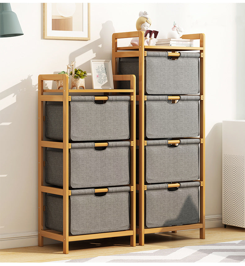 Bamboo Shelf with Storage Hamper – Wooden Organiser with Three-Set Rack Laundry Bags