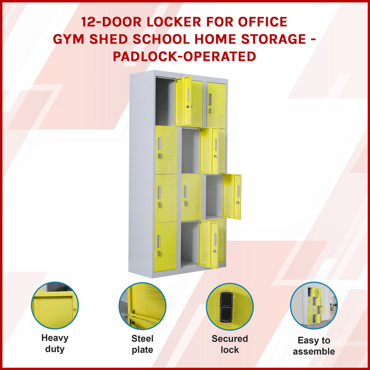 12-Door Locker for Office Gym Shed School Home Storage - Padlock-operated