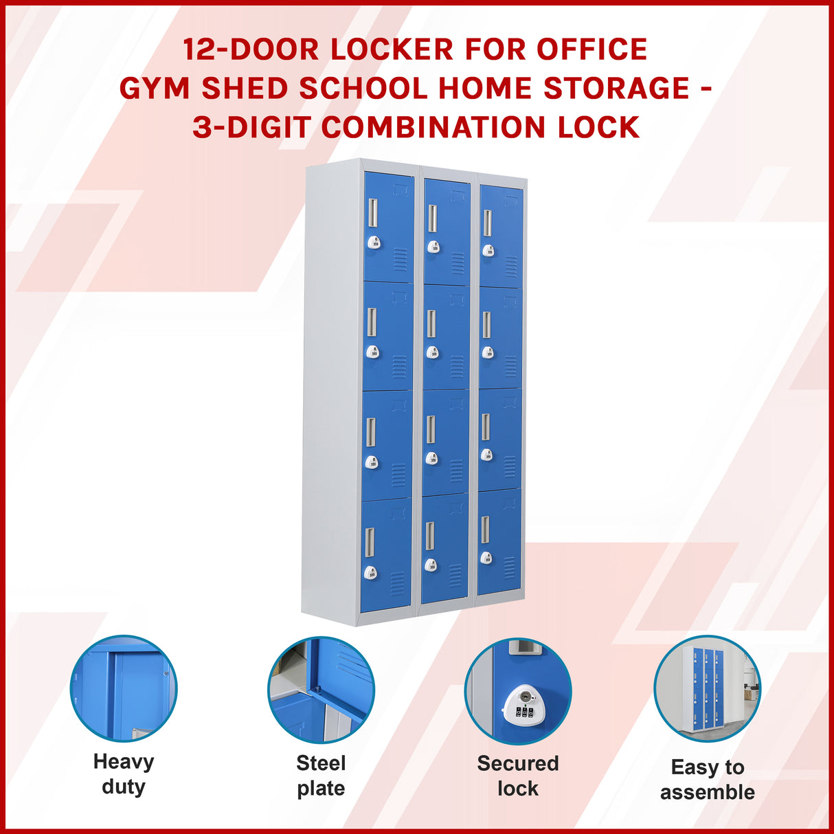12-Door Locker for Office Gym Shed School Home Storage - 3-Digit Combination Lock