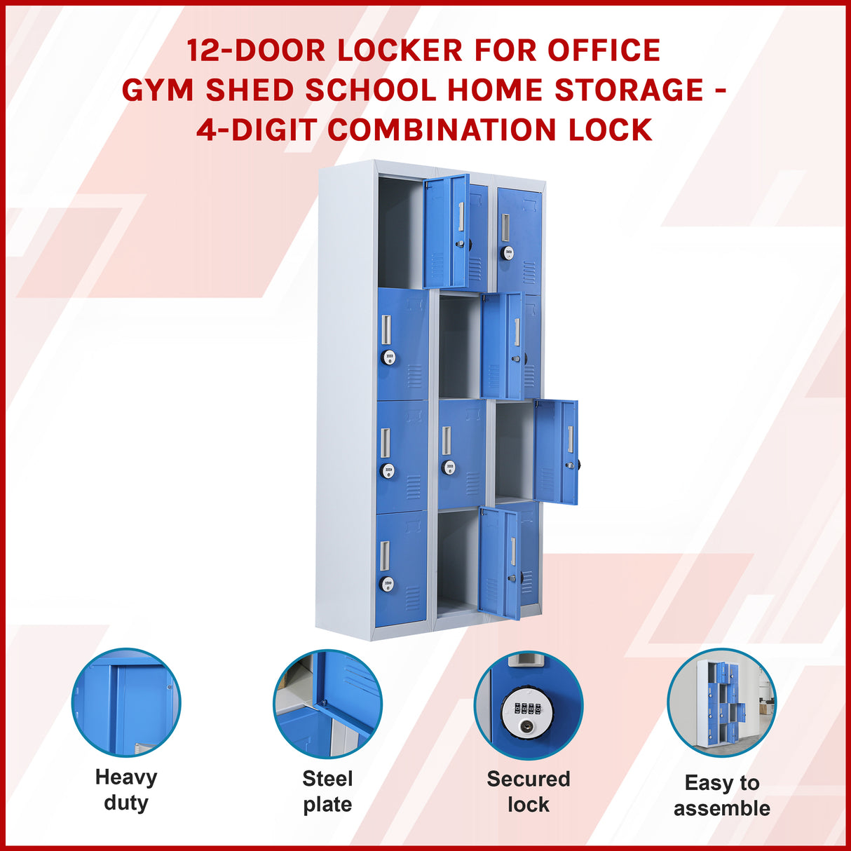 12-Door Locker for Office Gym Shed School Home Storage - 4-Digit Combination Lock