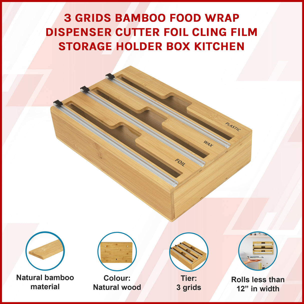 3 Grids Bamboo Food Wrap Dispenser Cutter Foil Cling Film Storage Holder Box Kitchen