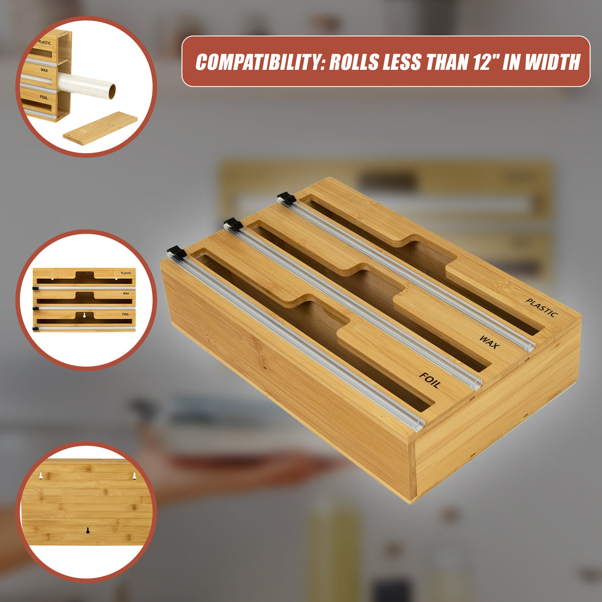 3 Grids Bamboo Food Wrap Dispenser Cutter Foil Cling Film Storage Holder Box Kitchen