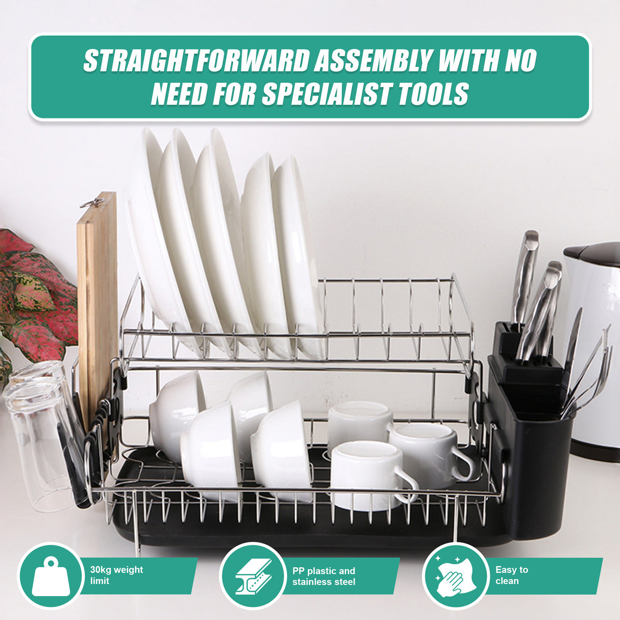 Dish Drying Rack Drainer Cup Plate Holder Cutlery Tray Kitchen Organiser