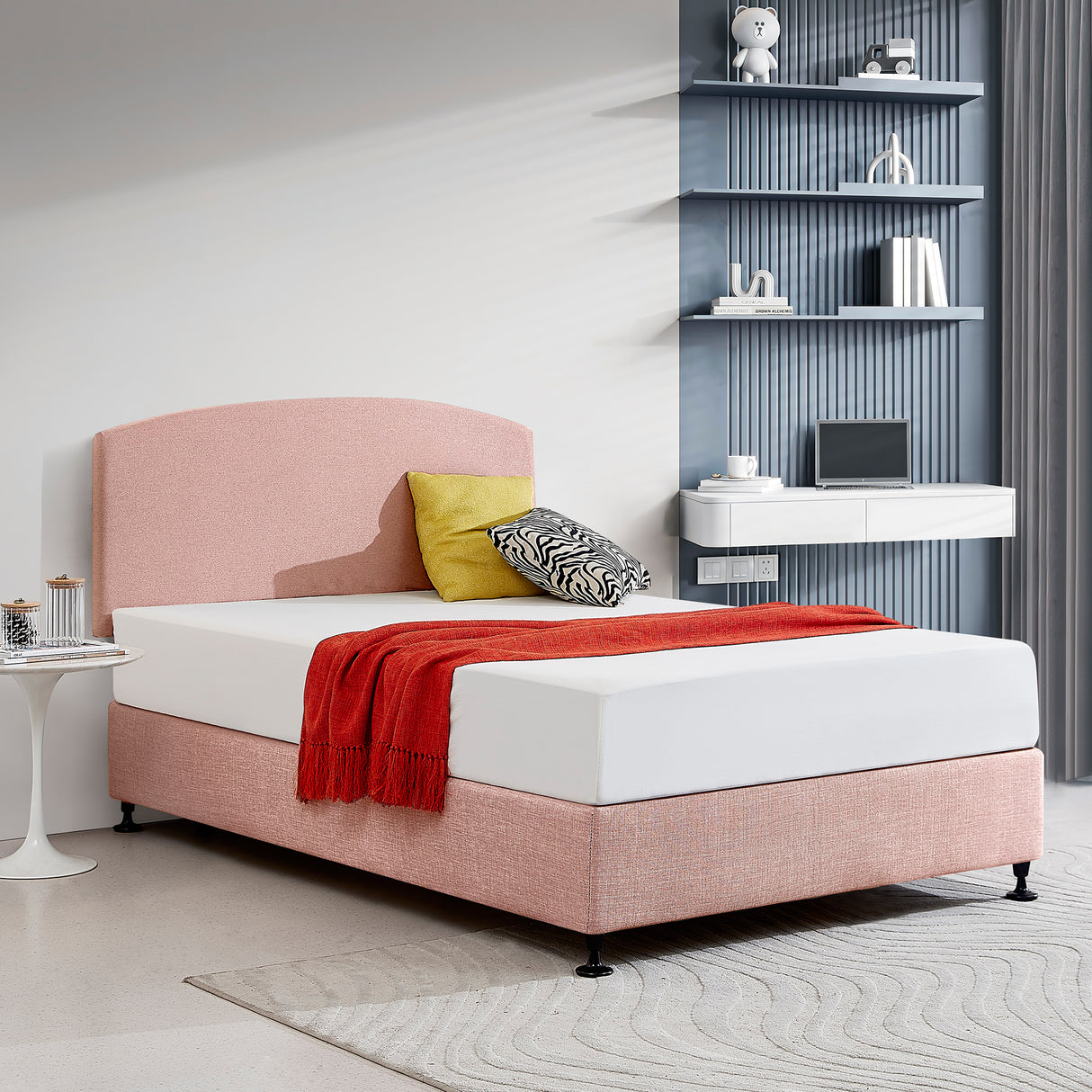 Linen Fabric Double Bed Curved Headboard Bedhead - Pale Pink