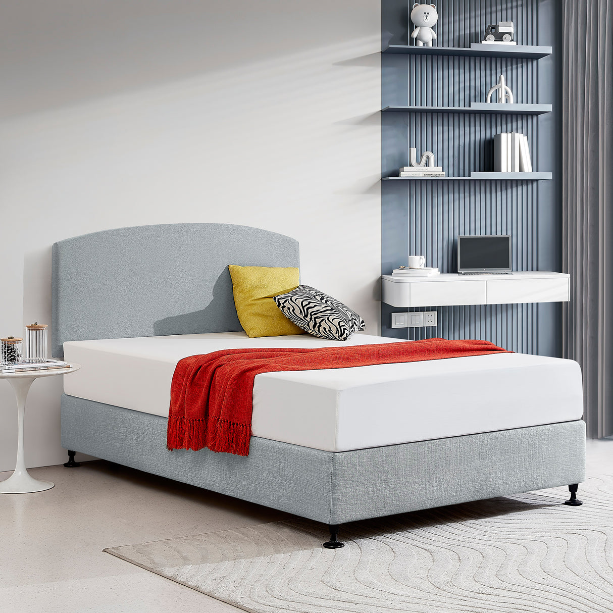 Linen Fabric Double Bed Curved Headboard Bedhead - Stone Grey