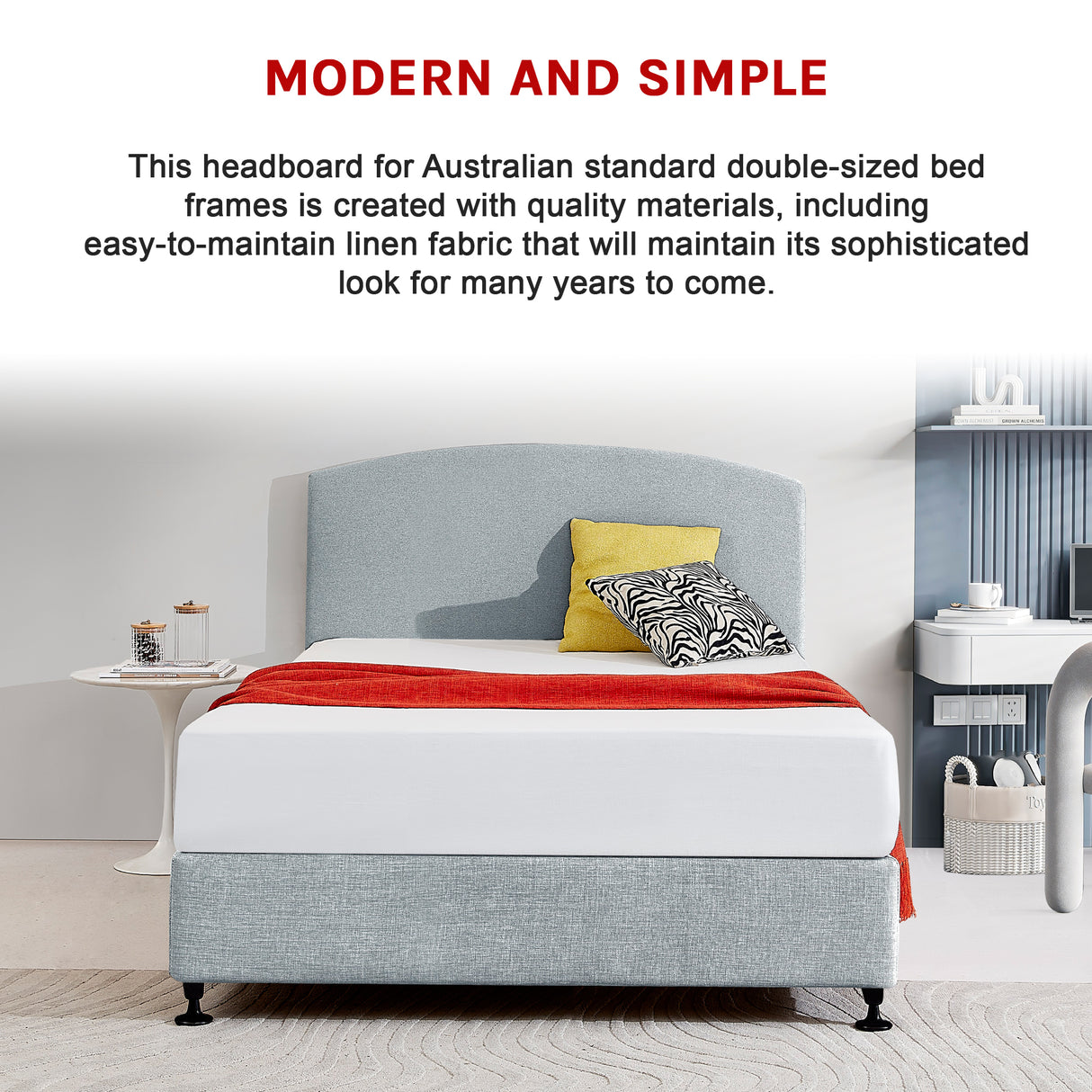 Linen Fabric Double Bed Curved Headboard Bedhead - Stone Grey