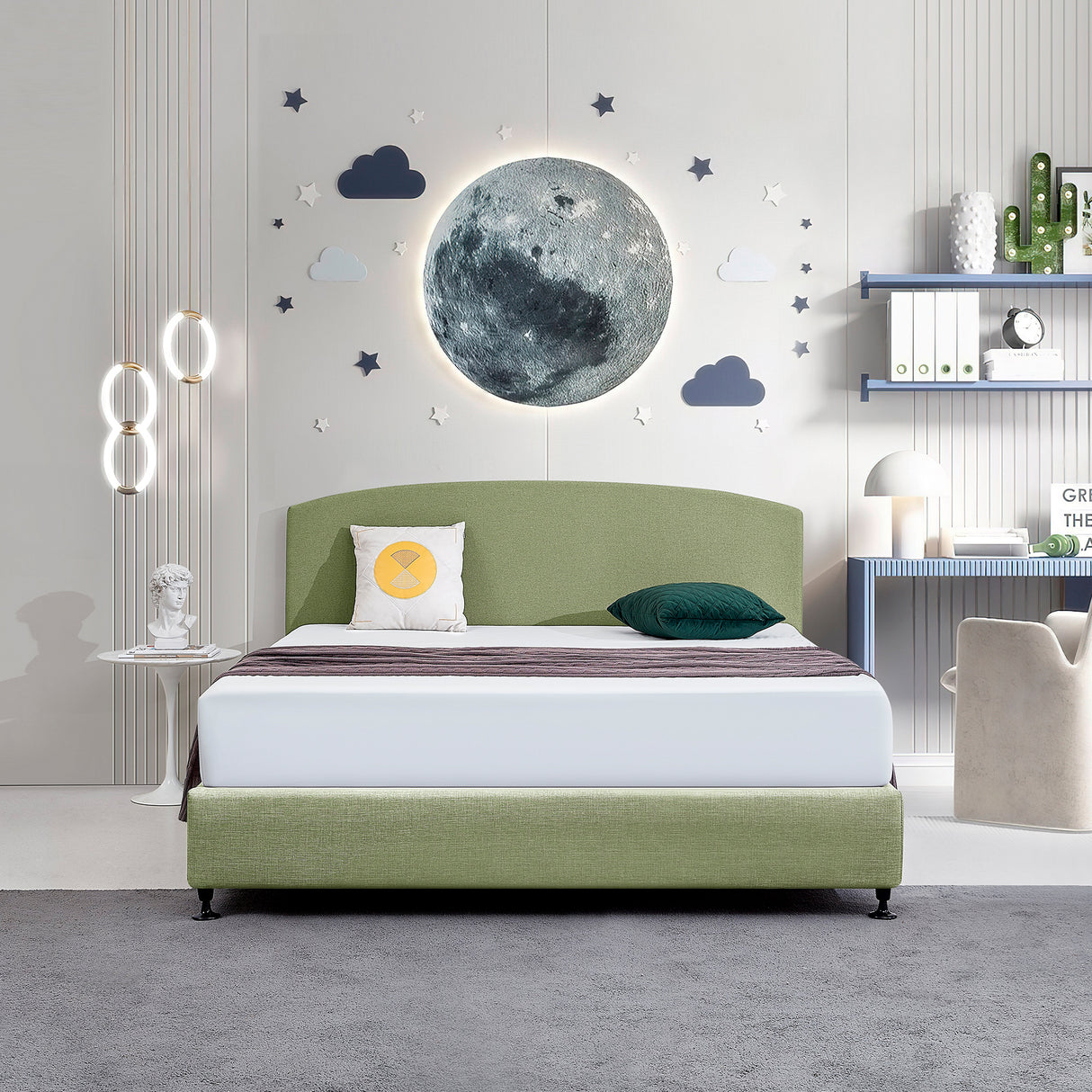 Linen Fabric King Bed Curved Headboard Bedhead - Olive Green