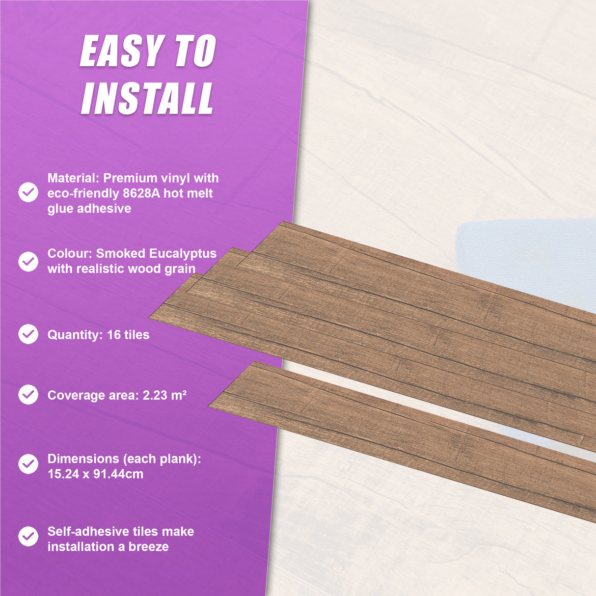 Vinyl Floor Tiles Self Adhesive Flooring Smoked Eucalyptus Wood Grain 16 Pack 2.3SQM