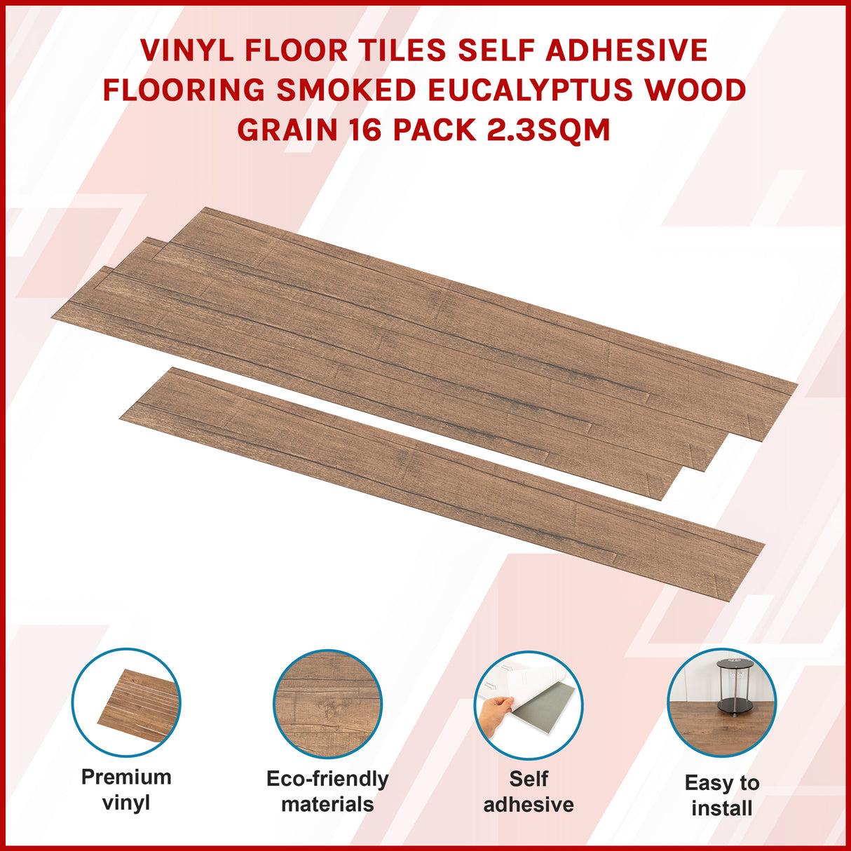 Vinyl Floor Tiles Self Adhesive Flooring Smoked Eucalyptus Wood Grain 16 Pack 2.3SQM